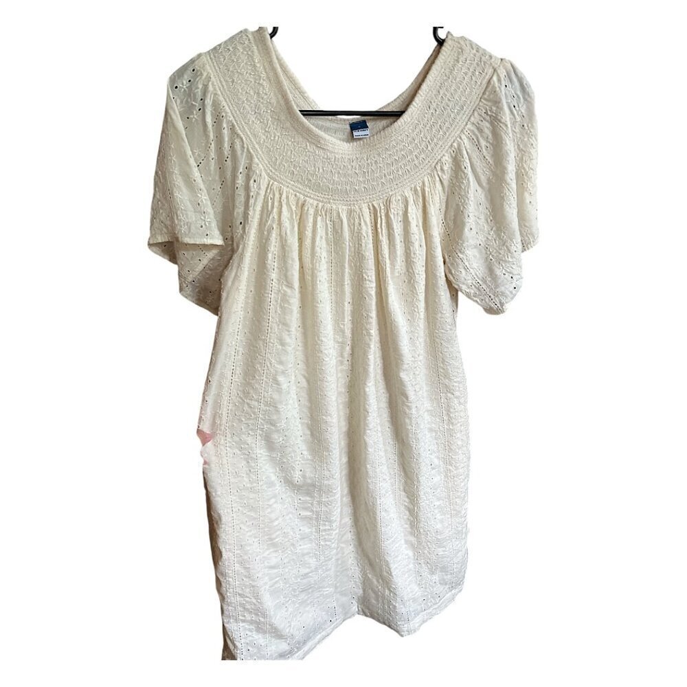 Women's Old Navy Ivory Cream Boho Eyelet Smocked Dress Pockets Neutral Size S